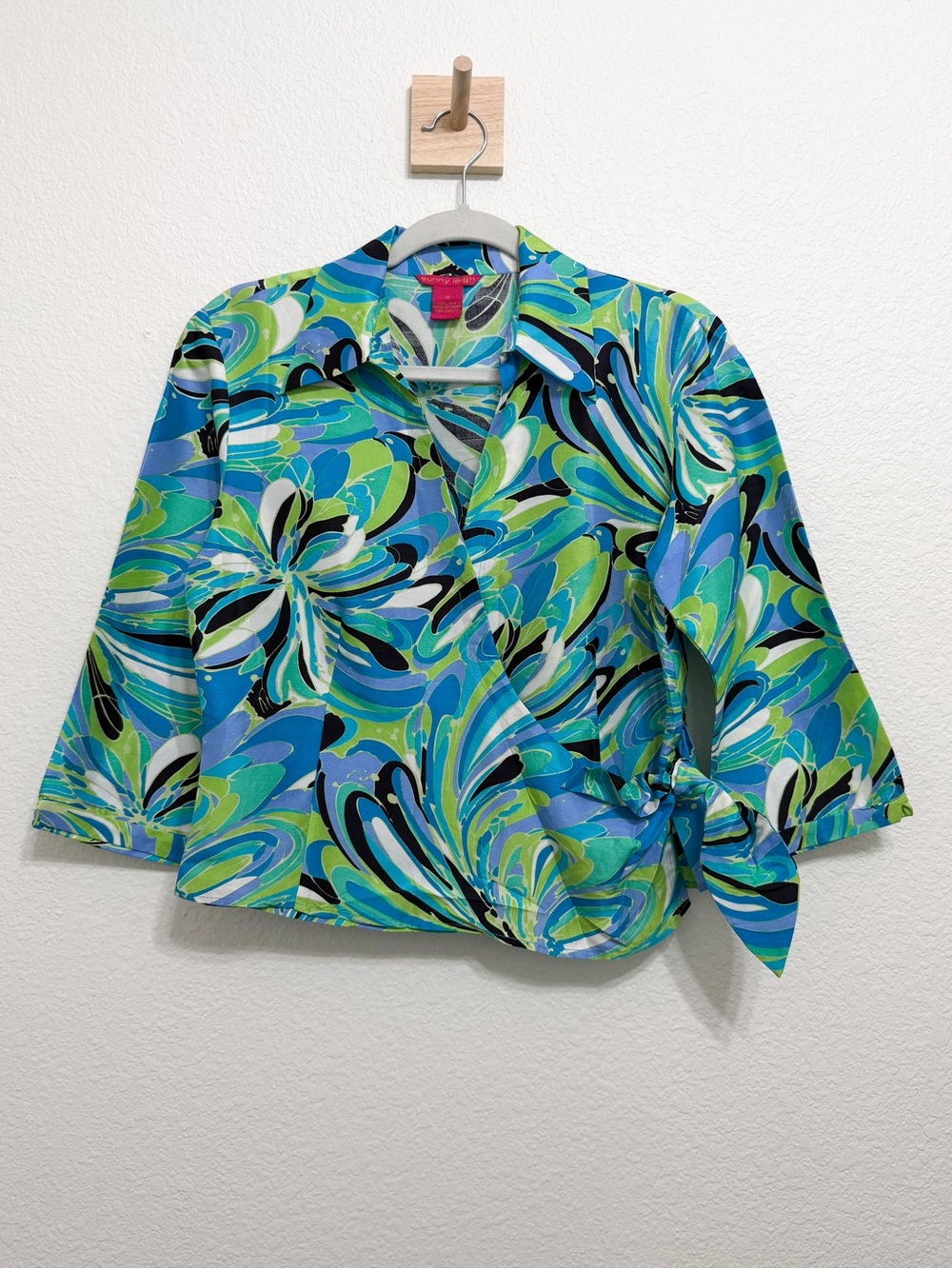 Vintage Y2k Sunny Leigh 100% Silk Abstract Colorful Wrap Blouse 10